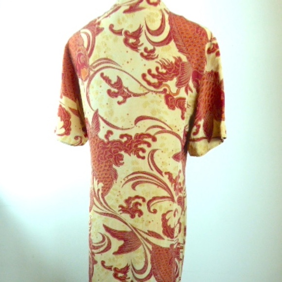 CITRON Santa Monica gold red KOI FLORAL SILK mandarin short sleeve maxi Dress M - Picture 4 of 6